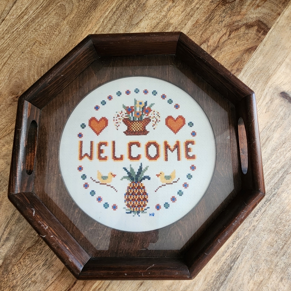 Vintage Three Mountaineers Needlepoint Tray Display